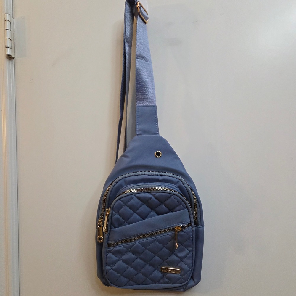 JINGPIN Creations Quilted Sling Bag Blue Gold Tone Zippers Crossbody
